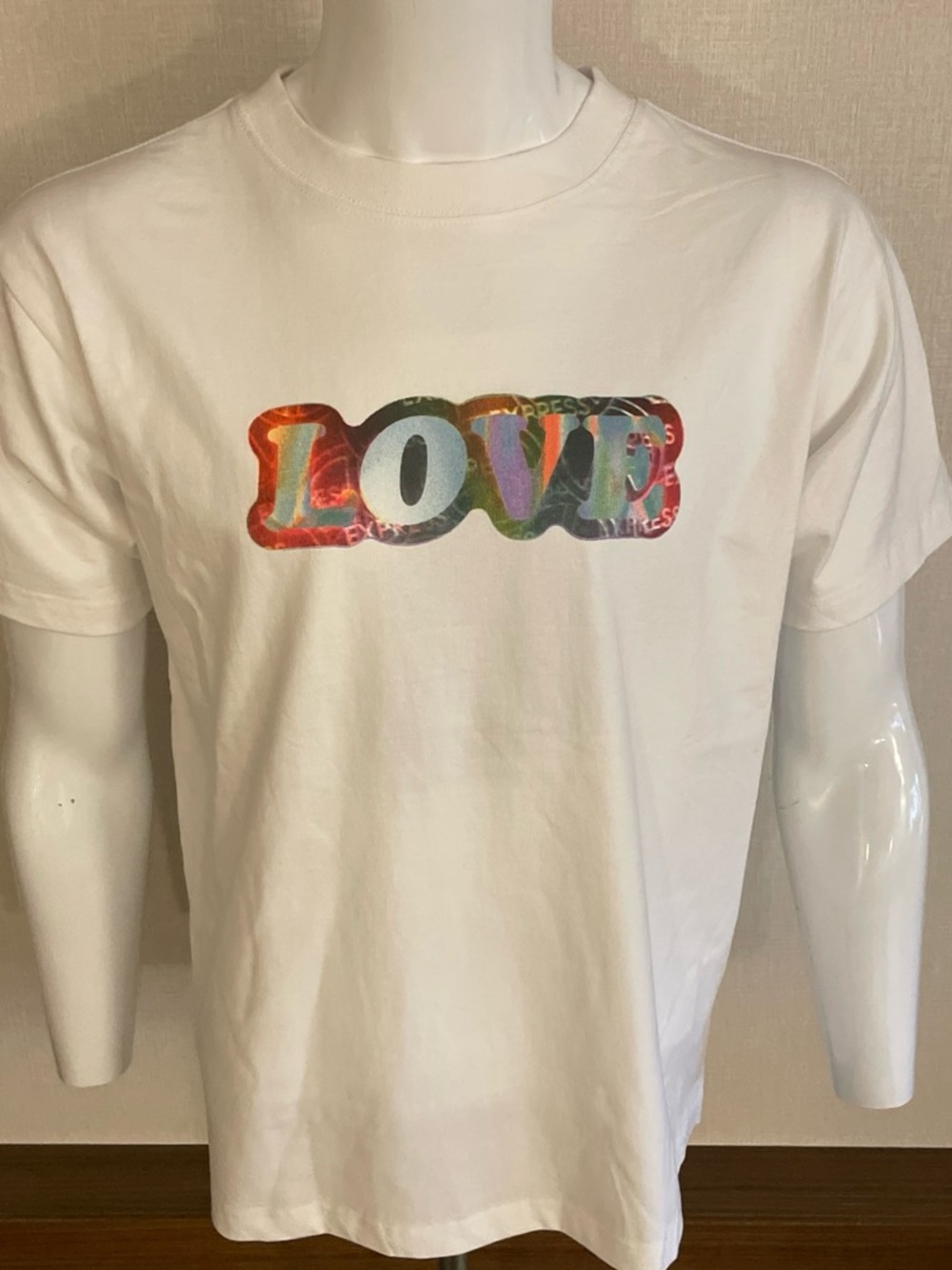 Express White T-Shirt with Multicolor "LOVE" Graphic